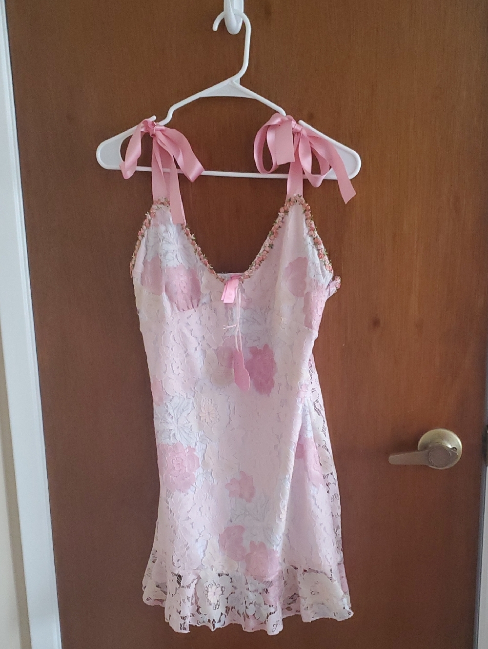 Dolls Kill Pink Floral Lace Slip Dress with Ribbon Tie Straps